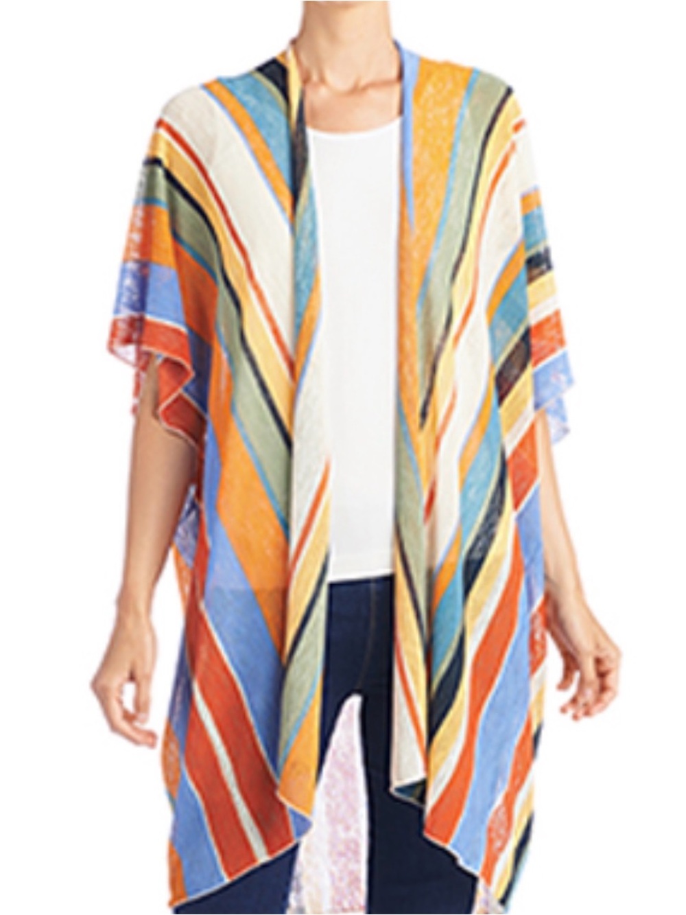 Colorful Striped Open Kimono - Blue, Orange, Yellow